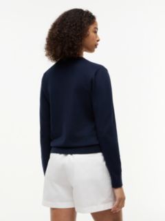 Fine Knit Jersey Crew Neck Cardigan — Blue 4