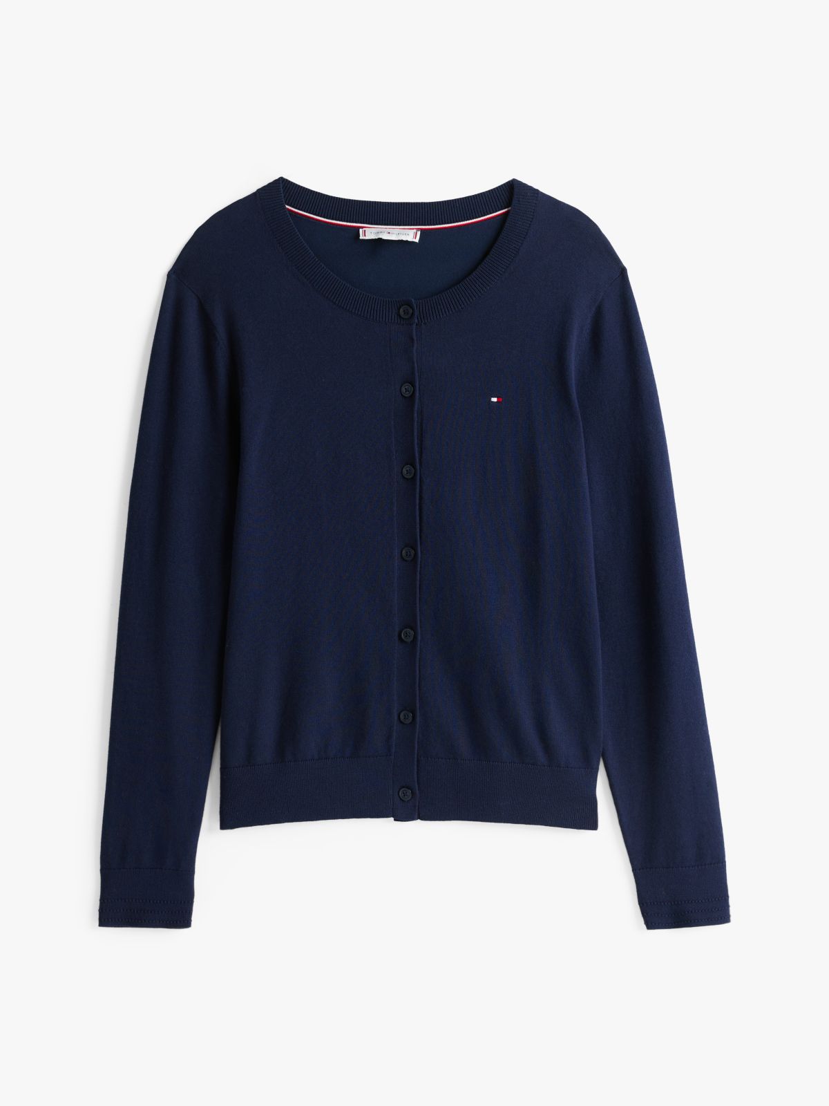 Fine Knit Jersey Crew Neck Cardigan — Blue