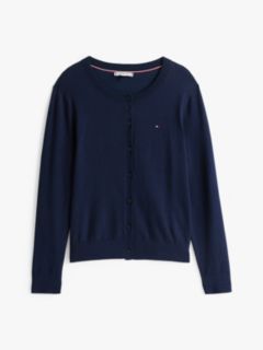 Fine Knit Jersey Crew Neck Cardigan — Blue 5