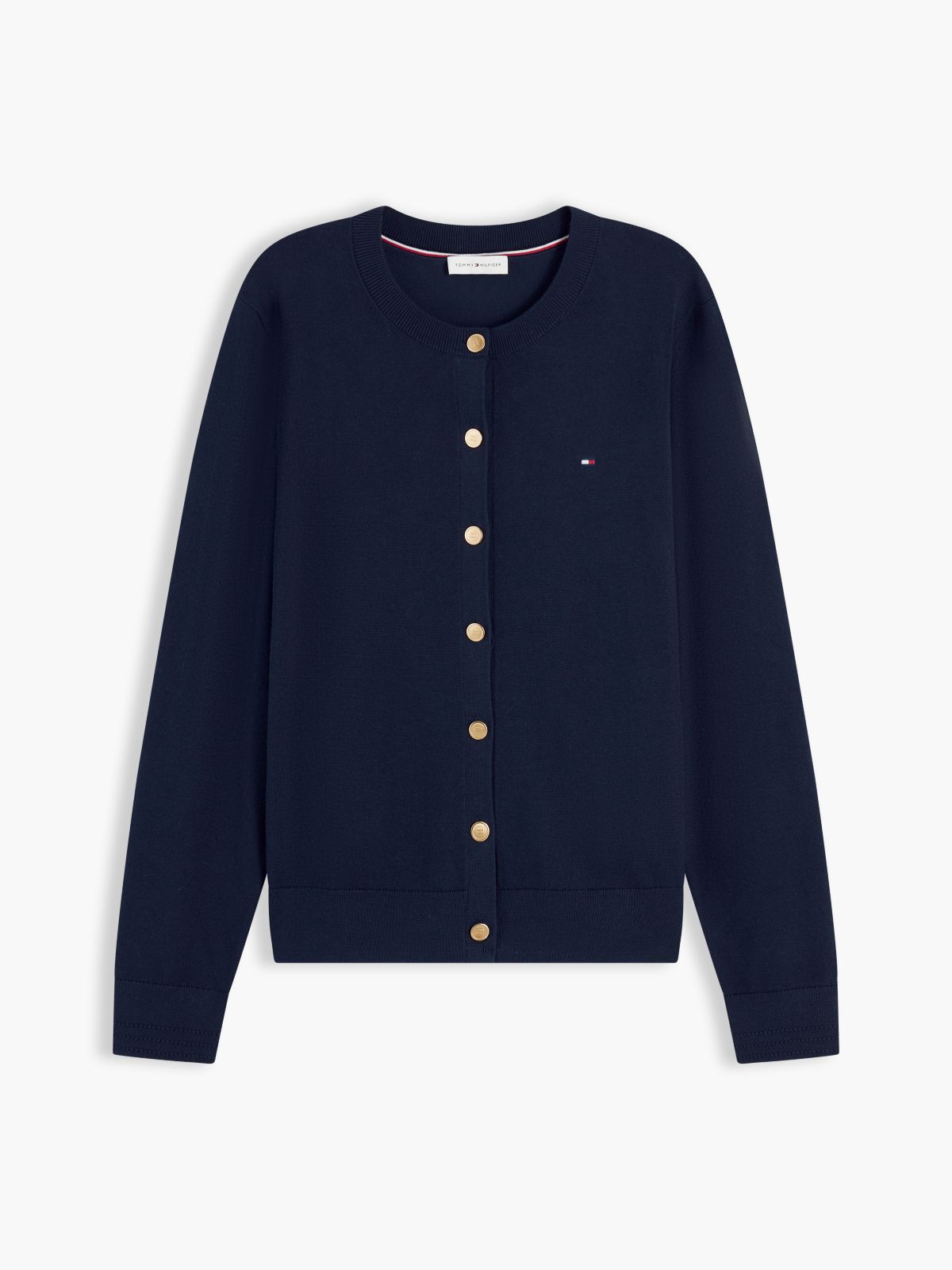 Fine Knit Jersey Crew Neck Cardigan — Blue