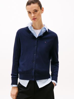 cardigan en jersey à col ras-du-cou bleu pour femmes tommy hilfiger