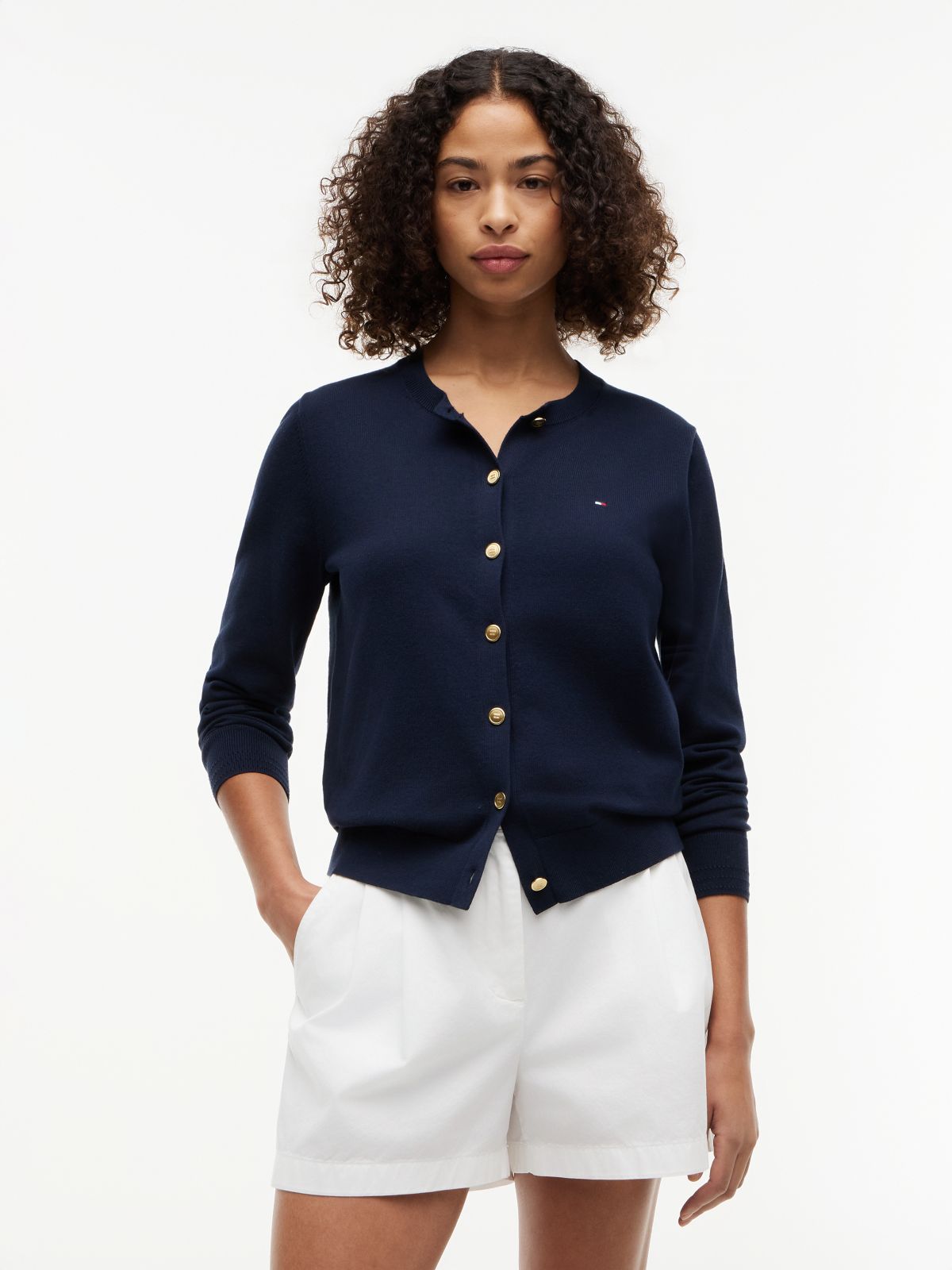 Fine Knit Jersey Crew Neck Cardigan — Blue
