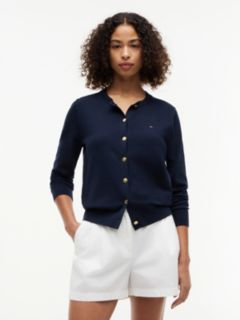 Fine Knit Jersey Crew Neck Cardigan — Blue 1