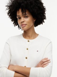 Fine Knit Jersey Crew Neck Cardigan — White 3
