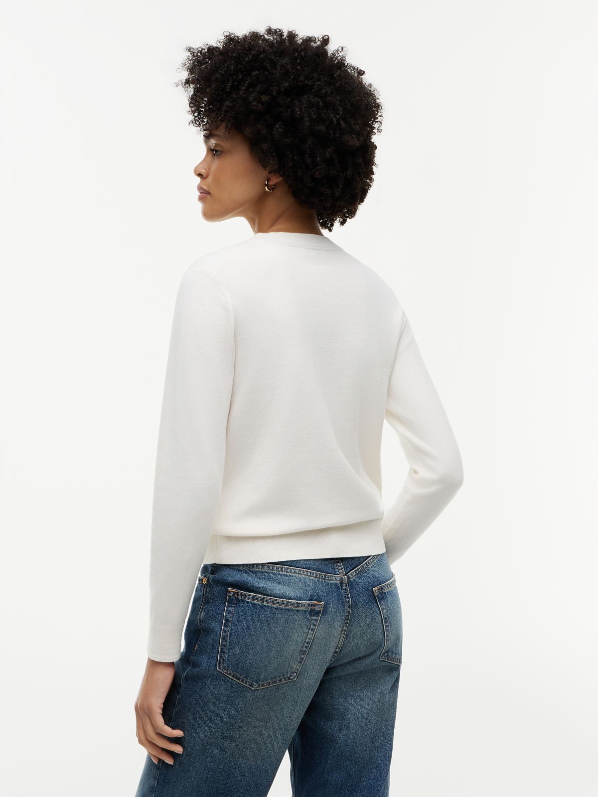 Fine Knit Jersey Crew Neck Cardigan — White