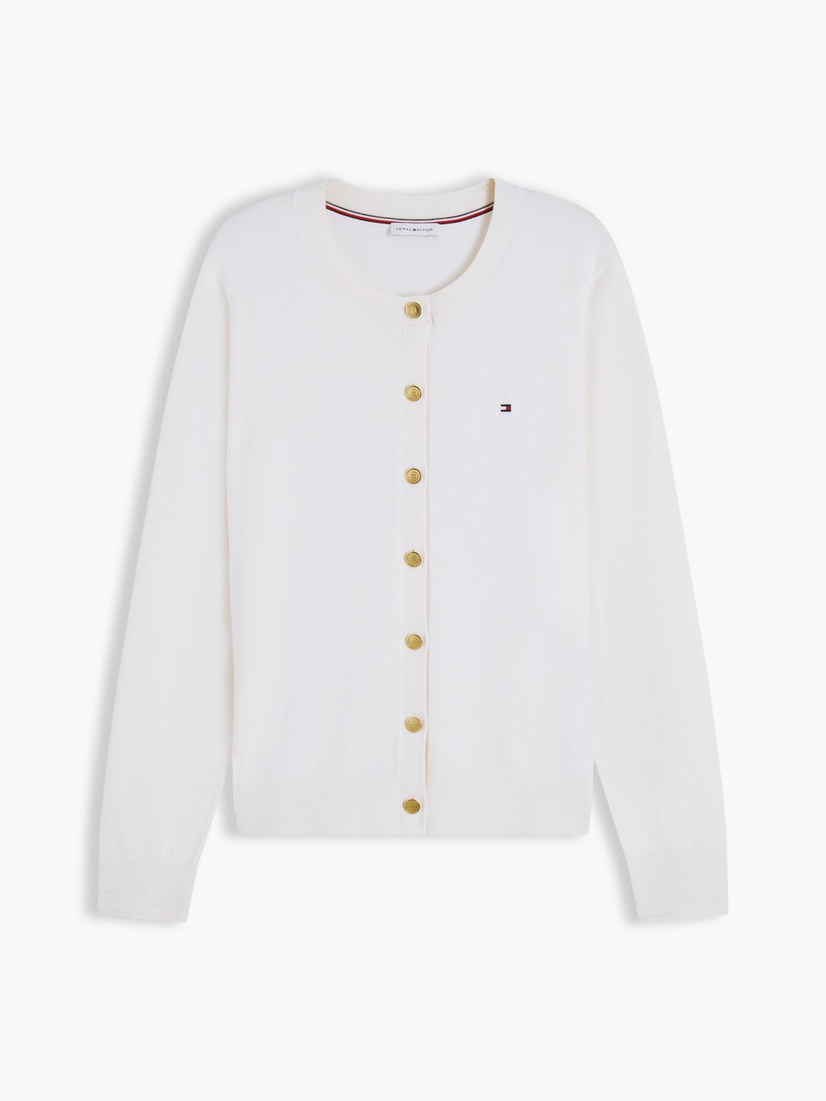 Fine Knit Jersey Crew Neck Cardigan — White
