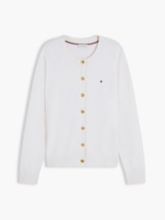 Fine Knit Jersey Crew Neck Cardigan — White 5
