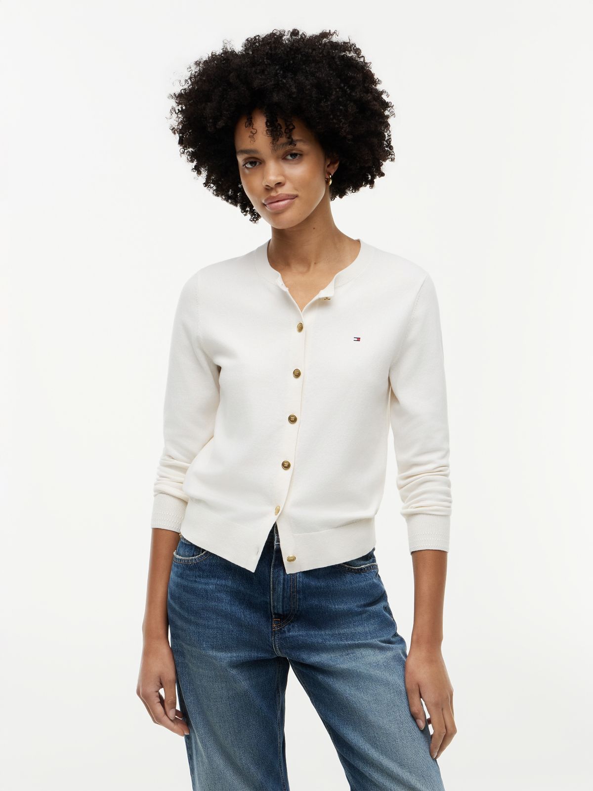 Fine Knit Jersey Crew Neck Cardigan — White