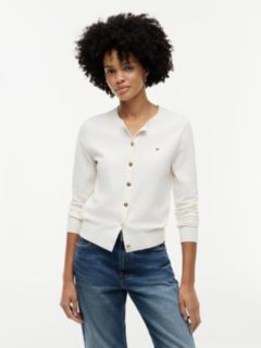 Fine Knit Jersey Crew Neck Cardigan — White 1