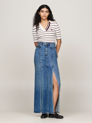 Crest Pleated Denim Midi Skirt