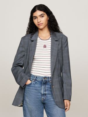 grau karierter einreihiger blazer mit wappen für damen - tommy hilfiger
