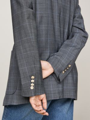 grau karierter einreihiger blazer mit wappen für damen - tommy hilfiger