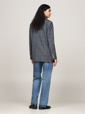 grau karierter einreihiger blazer mit wappen für damen - tommy hilfiger