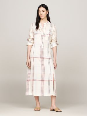 vestido de cuadros midi con cinturón white de mujeres tommy hilfiger