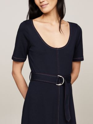 abito midi con scollatura ovale e cintura blu da donne tommy hilfiger