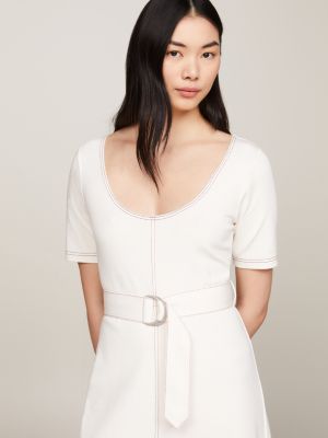 white scoop neck belted midi dress for women tommy hilfiger