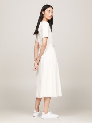 white scoop neck belted midi dress for women tommy hilfiger