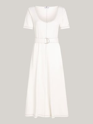 white scoop neck belted midi dress for women tommy hilfiger