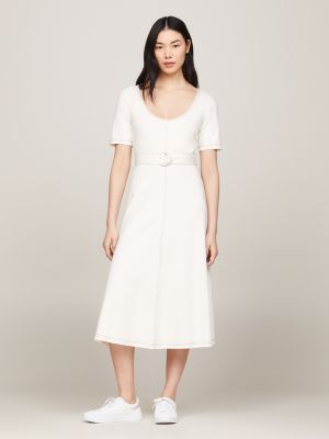 white scoop neck belted midi dress for women tommy hilfiger