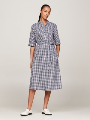 Gingham Check Midi Short Sleeve Shirt Dress Blue Tommy Hilfiger