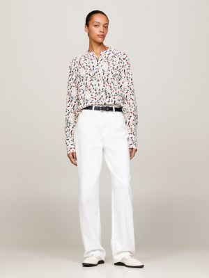 white regular fit hemd ohne kragen mit bänder-print für damen - tommy hilfiger