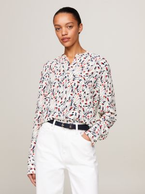 Tommy Hilfiger Women's Camp Shirt, Bright White Multi at  Women's  Clothing store