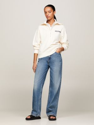 beige sweatshirt mit reißverschluss und flock-logo für damen - tommy hilfiger