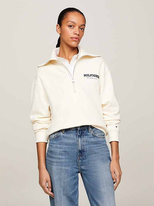 beige hilfiger monotype flock logo half-zip sweatshirt for women tommy hilfiger