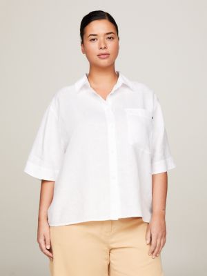 white curve relaxed fit kurzarm-bluse aus leinen für damen - tommy hilfiger