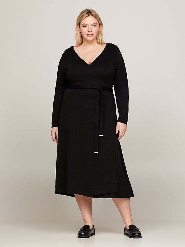 black curve slim fit belted v-neck midi dress for women tommy hilfiger