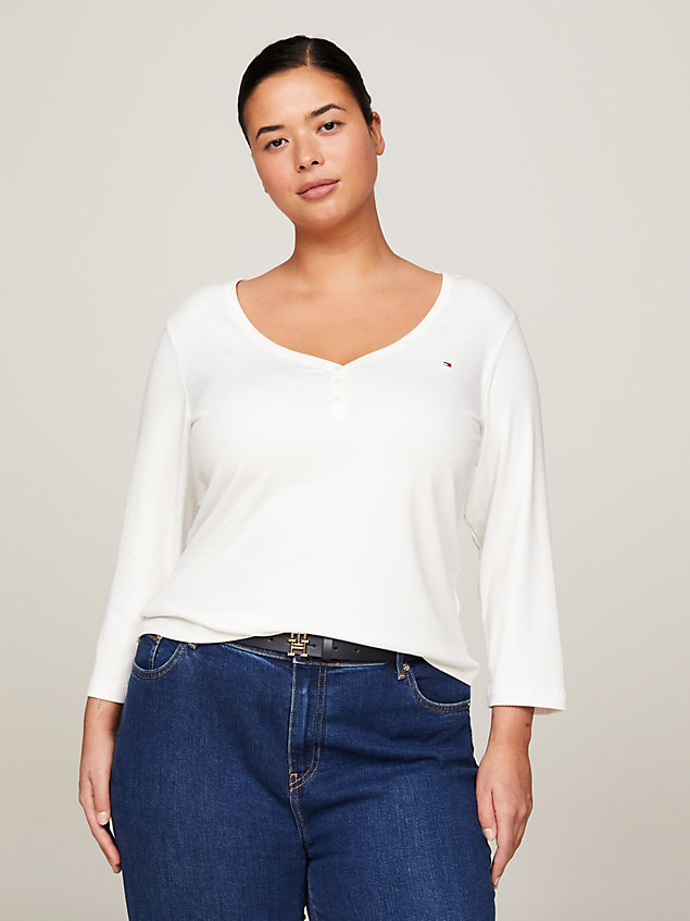 white curve essential slim three-quarter sleeve henley top for women tommy hilfiger