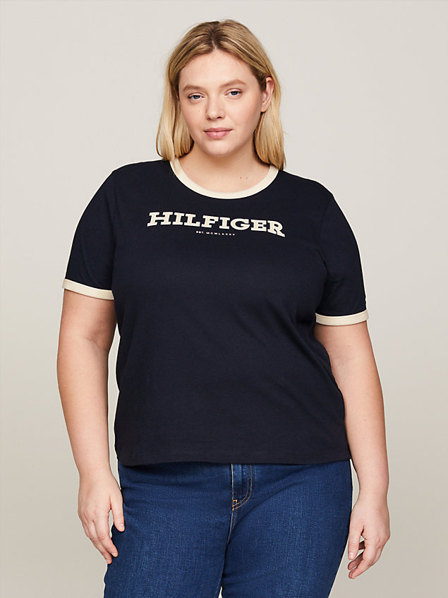 blue curve hilfiger monotype flocked logo t-shirt for women tommy hilfiger