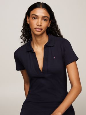 blue slim open v-neck polo dress for women tommy hilfiger