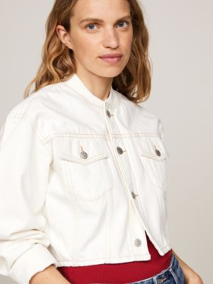 white cropped relaxed denim bomber jacket for women tommy hilfiger