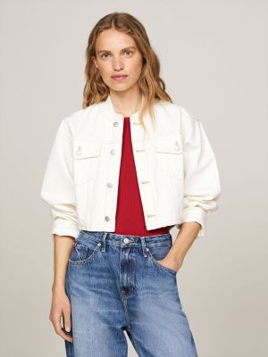 white cropped relaxed denim bomber jacket for women tommy hilfiger