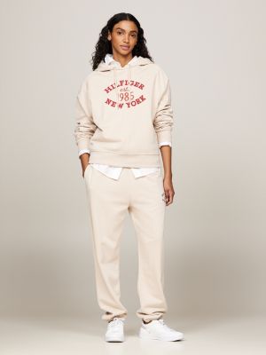 beige varsity logo embroidery joggers for women tommy hilfiger