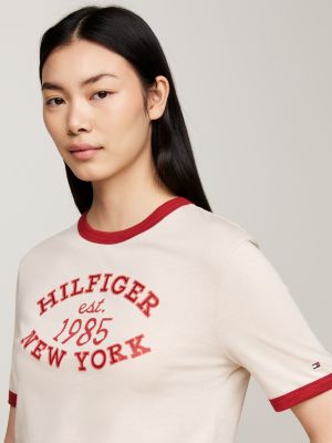 beige varsity logo contrast trim t-shirt for women tommy hilfiger