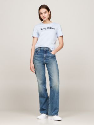 t-shirt con logo in corsivo ricamato blu da donne tommy hilfiger