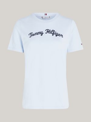 t-shirt con logo in corsivo ricamato blu da donne tommy hilfiger