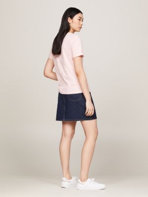 t-shirt con logo in corsivo ricamato rosa da donne tommy hilfiger