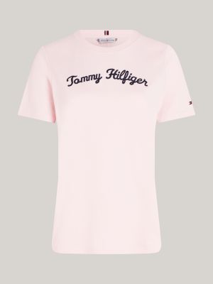 t-shirt con logo in corsivo ricamato rosa da donne tommy hilfiger