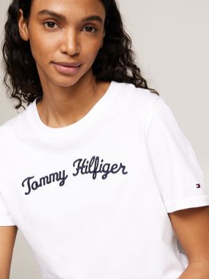 t-shirt con logo in corsivo ricamato bianco da donne tommy hilfiger