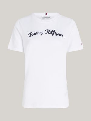 t-shirt con logo in corsivo ricamato bianco da donne tommy hilfiger