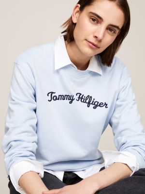 jersey con logo en fuente script bordado azul de mujeres tommy hilfiger