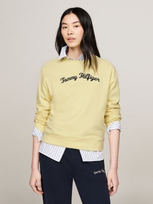 Felpa con logo in corsivo ricamato Giallo Tommy Hilfiger