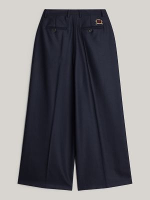 blue crest embroidery wool-blend wide trousers for women tommy hilfiger