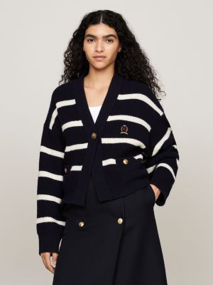 blau cardigan aus reiner wolle mit breton-streifen für damen - tommy hilfiger