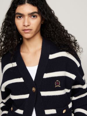 cardigan in pura lana a righe con stemma blu da donne tommy hilfiger