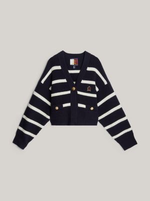 cardigan in pura lana a righe con stemma blu da donne tommy hilfiger