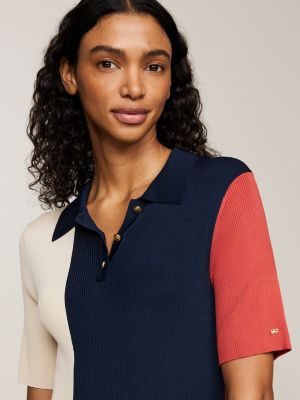 blau slim fit polokleid in color block aus strick für damen - tommy hilfiger